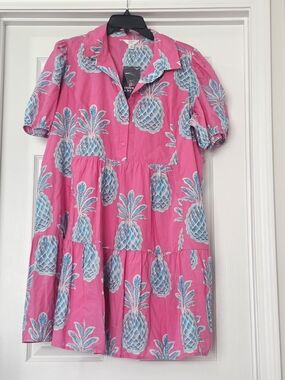 crown & ivy Pink Mini Dress with Blue Pineapple Print Playful Whimsical{Bx20}